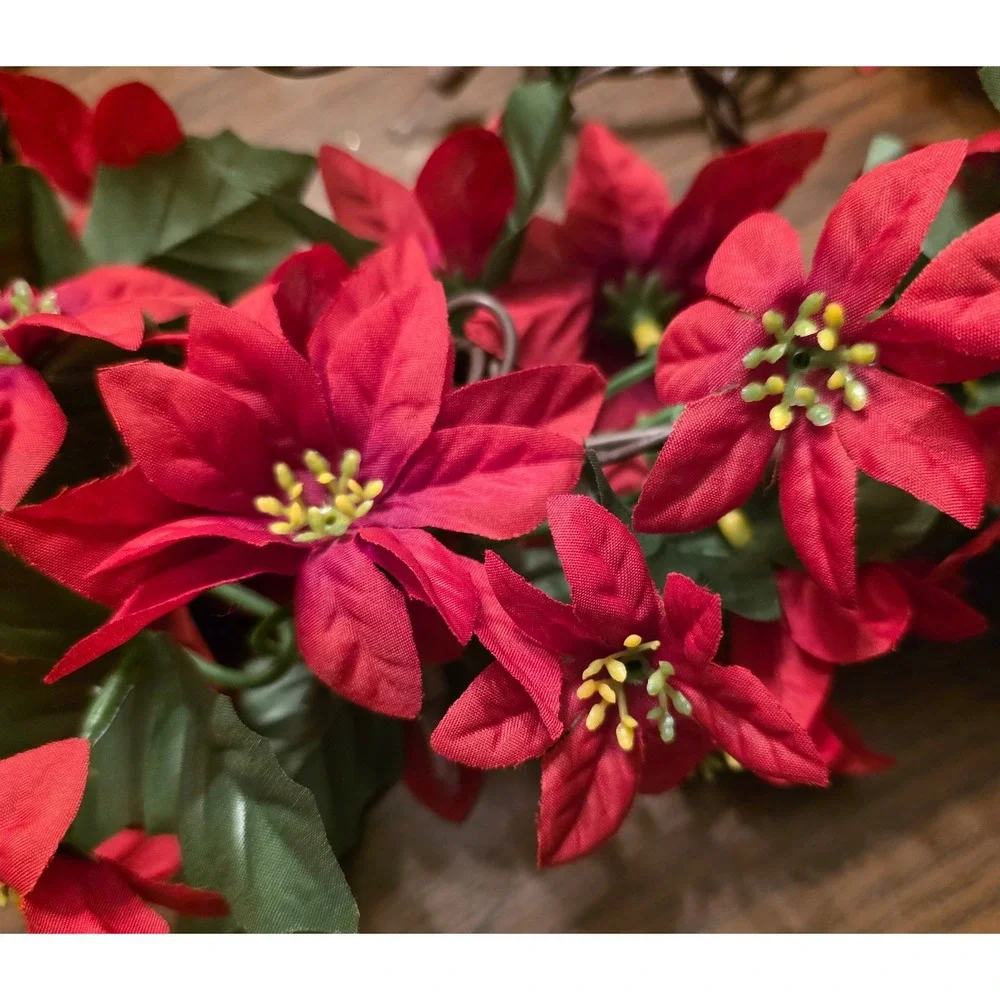 Lighted Red Poinsettia Christmas Garland Clear Lights Brown Wire Indoor 4ft